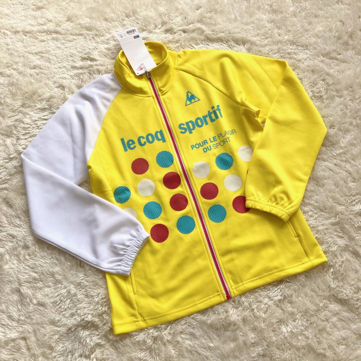  unused le coq sportif Le Coq s Porte .f girls jersey jacket on yellow color white 160cm spring summer Junior jumper yellow dot 