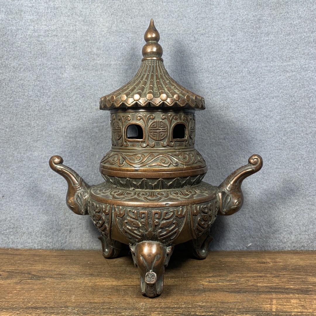 【聚寳齋*銅製 銅器*象足炉】置物 賞物 中国古美術 造型精美 時代物