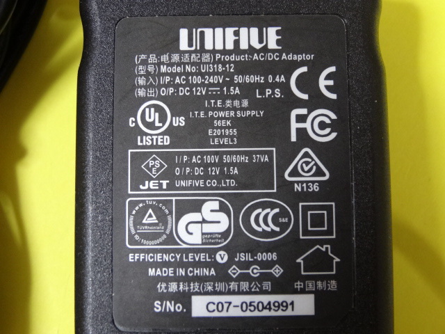 UNIFIVE ACアダプタ UI318-12 U1318-12 DC12V 1.5A (GXE-004058-001-00 NAS32PJU NEC AL1-004258-002 東芝 HDAD-120015-3H互換)管M2F _画像2