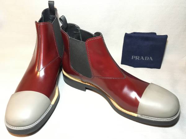 新品 プラダ コレクション サイドゴア レザー ブーツ 10 PRADA 革靴 ボルドー グレー シューズ