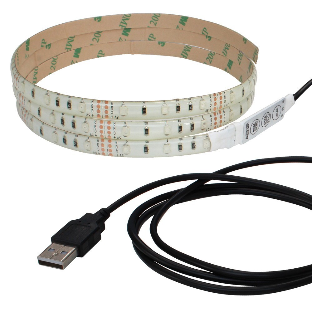 防水 USB 流れる LEDテープライト RGB カラフル ミニ調光付き 150cm DC5V 白ベース 50本