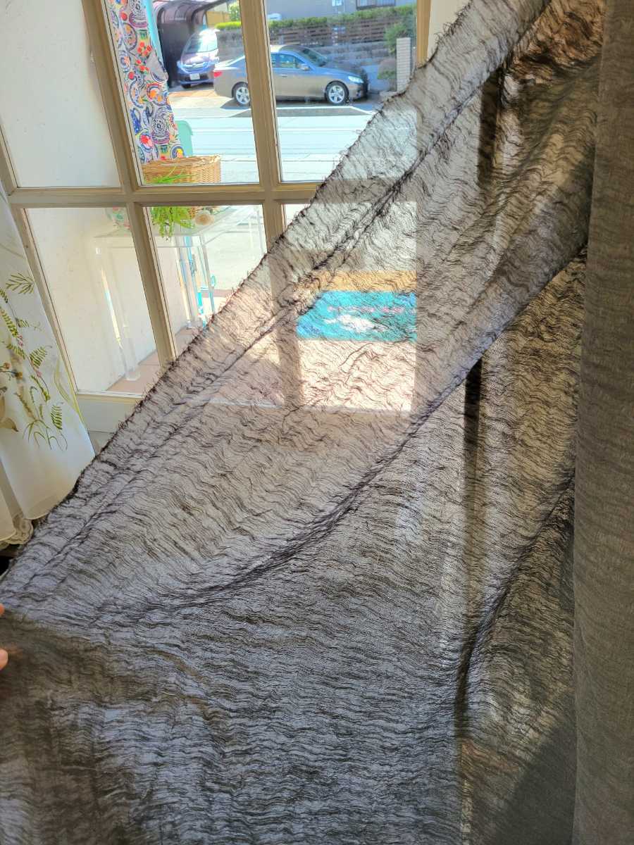 [外国生地]珍しい織りのレースカーテン生地(305×210cm)◆ダークグレー 柔らかい透け感 上質◆大きいサイズ 布地はぎれ材料 間仕切りにも