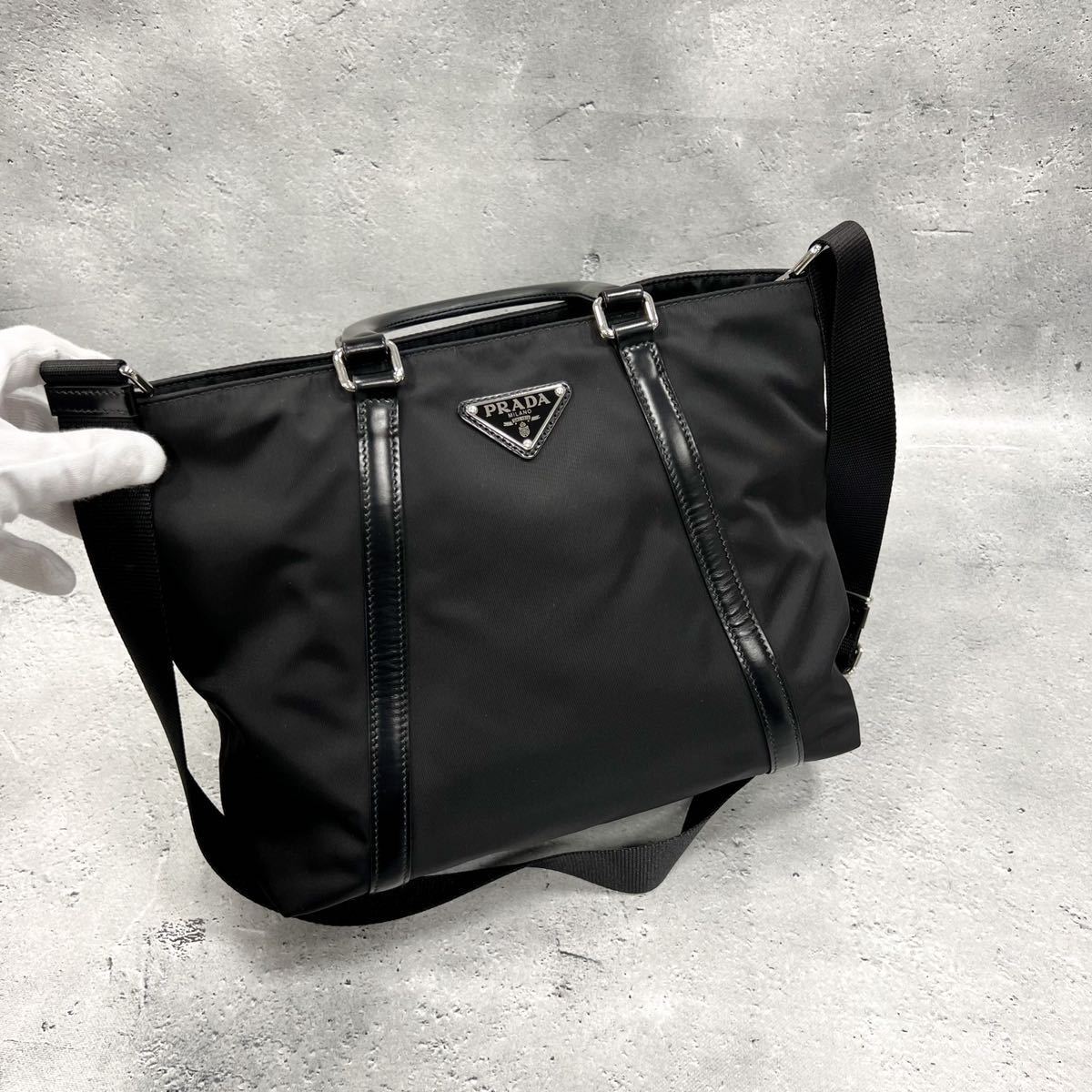 【極美品激安】PRADA プラダ トートバッグ ハンドバッグ ショルダーバッグ 2WAY ナイロン レザー ブラック 三角ロゴ 現行品 1BG286