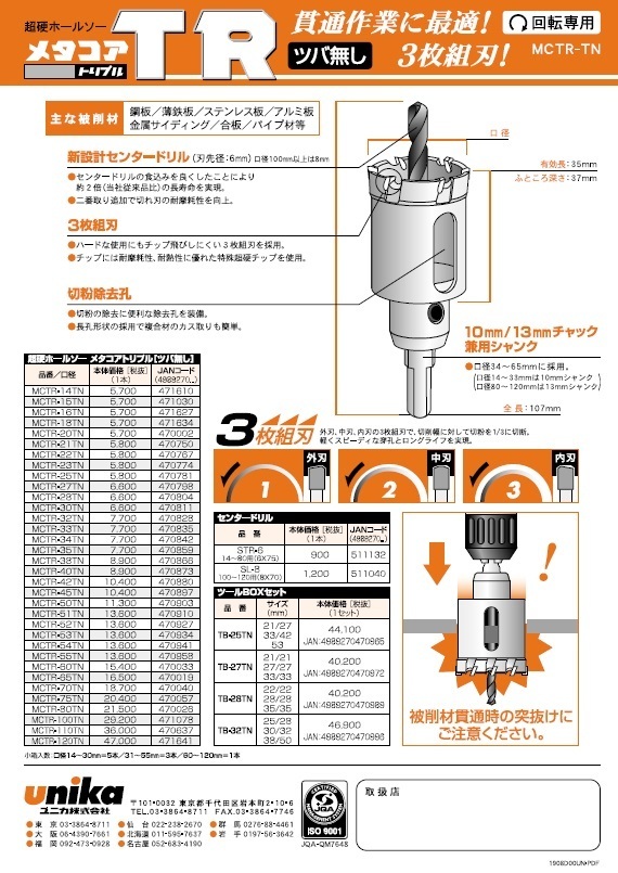 ユニカ unika 超硬 ホールソー メタコア トリプル ツバ無し 60mm MCTR-60TN 金属 サイディング ステンレス 板 合板 石膏 ボード 穴あけ_メタコア トリプル ツバ無 60mm MCTR-60TN