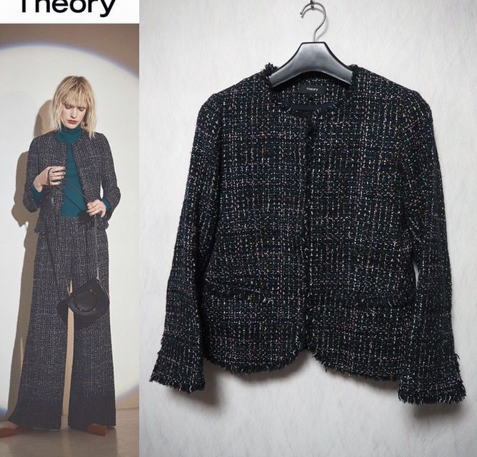 【送料無料キャンペーン?】スーツ/フォーマル/ドレスTheory 19年 ノーカラー ツイード セットアップ ジャケット パンツ