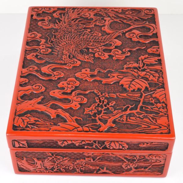 【1351】堆朱 書箱 文箱 鳳凰文 26.5cm×33.5cm 大型 桐箱 伝統工芸品 木工 漆器