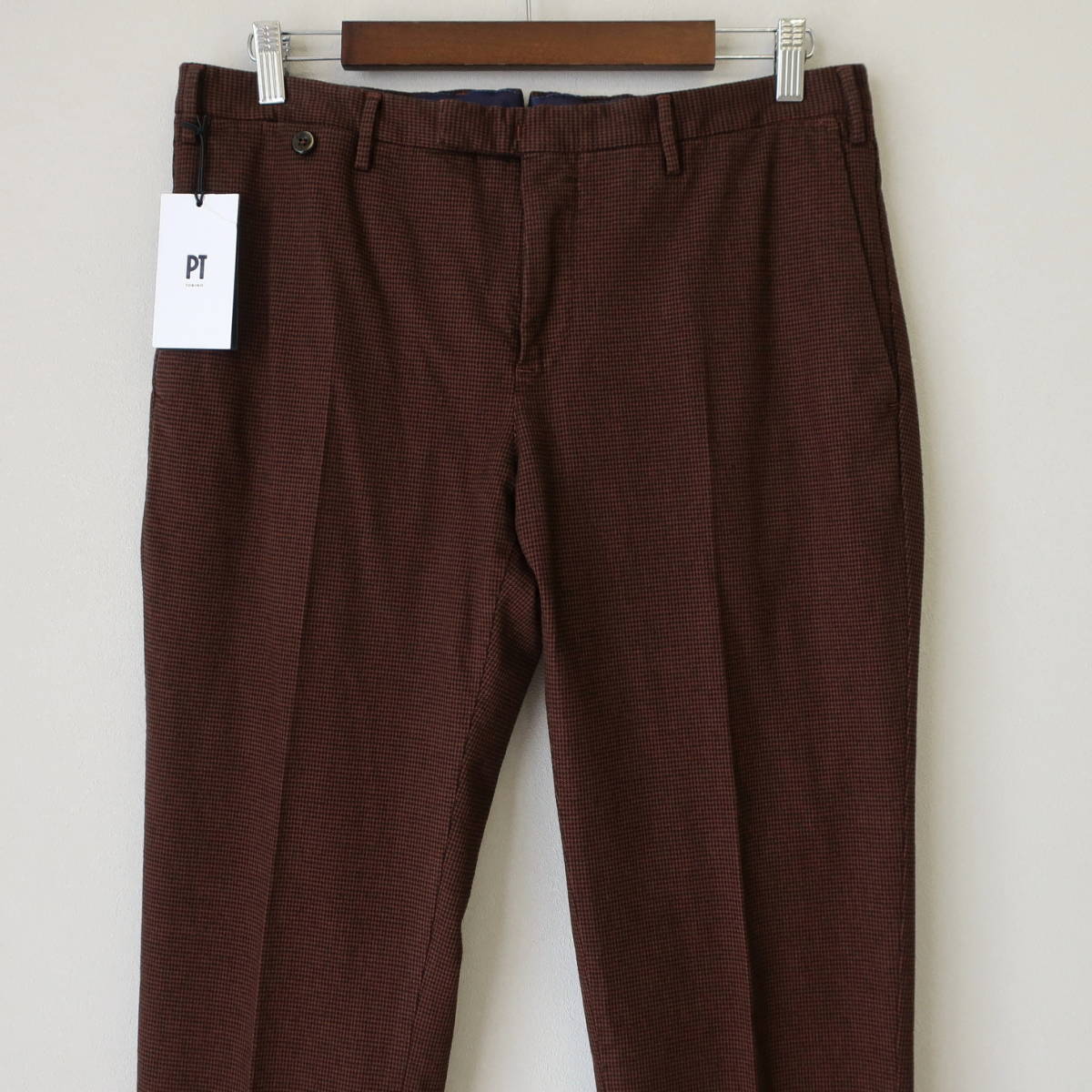  new goods PT TORINO men's micro check slim thin stretch chinos slacks total pattern pants PT01 tea color Brown 50 XL size 