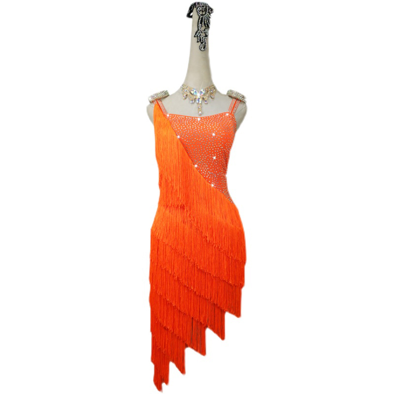 レディース社交ダンス衣装　フリンジ＋ライトストーン飾り　ラテンドレス　サイズ調整対応　お洒落オレンジ色　セット品