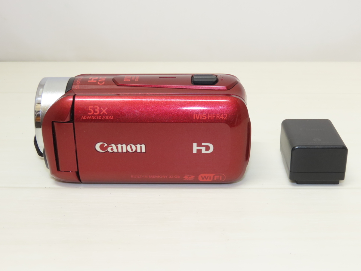 ☆ジャンク Canon キヤノン iVIS HF R42 ハイビジョン デジタル ビデオカメラ レッド 本体・バッテリー付 動画撮影のみ動作済☆_画像1