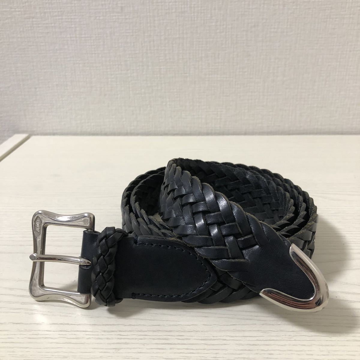 美品】サイズ95 J&M DAVIDSON レザー メッシュ ベルト ネイビー ジェイ