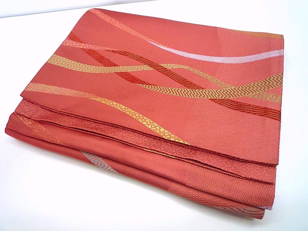 お買得 逸品 着物 袋帯 六通柄 金彩 薄紅色 濃ピンク系 金/緑/青ライン 丈約376㎝ 幅約31㎝ アンティーク 昭和レトロ リメイク 定形外 L3の画像3