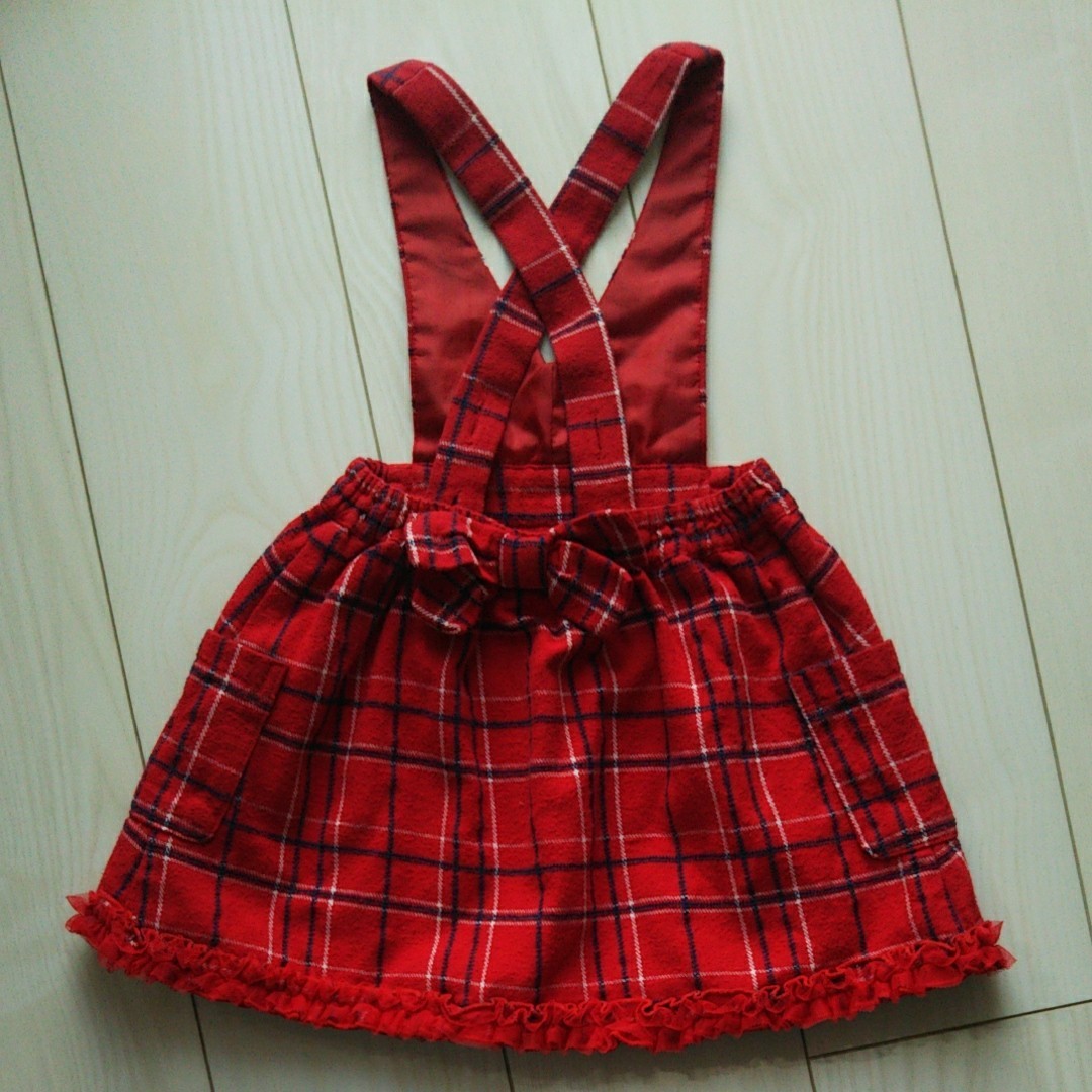 子供服 ワンピース ジャンパースカート チェック 赤 90センチ 女の子