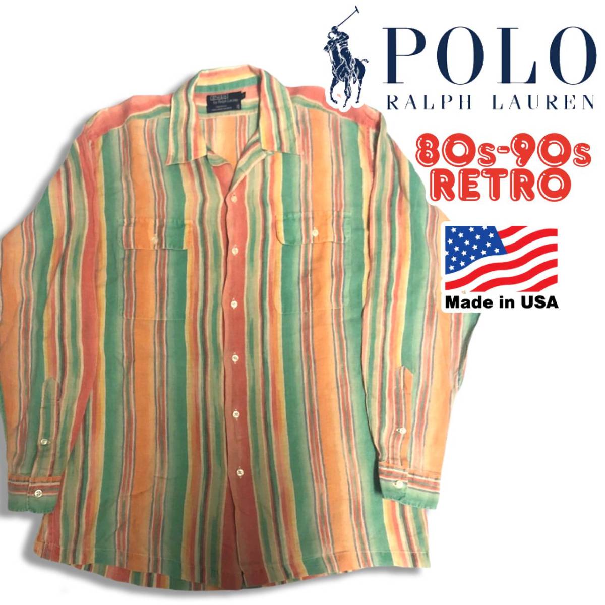 80s-90s USA製 ポロ ラルフローレン オープンカラー リネンシャツ M マルチストライプ 開襟シャツ POLO Ralph Lauren  ラルフ CALDWEL