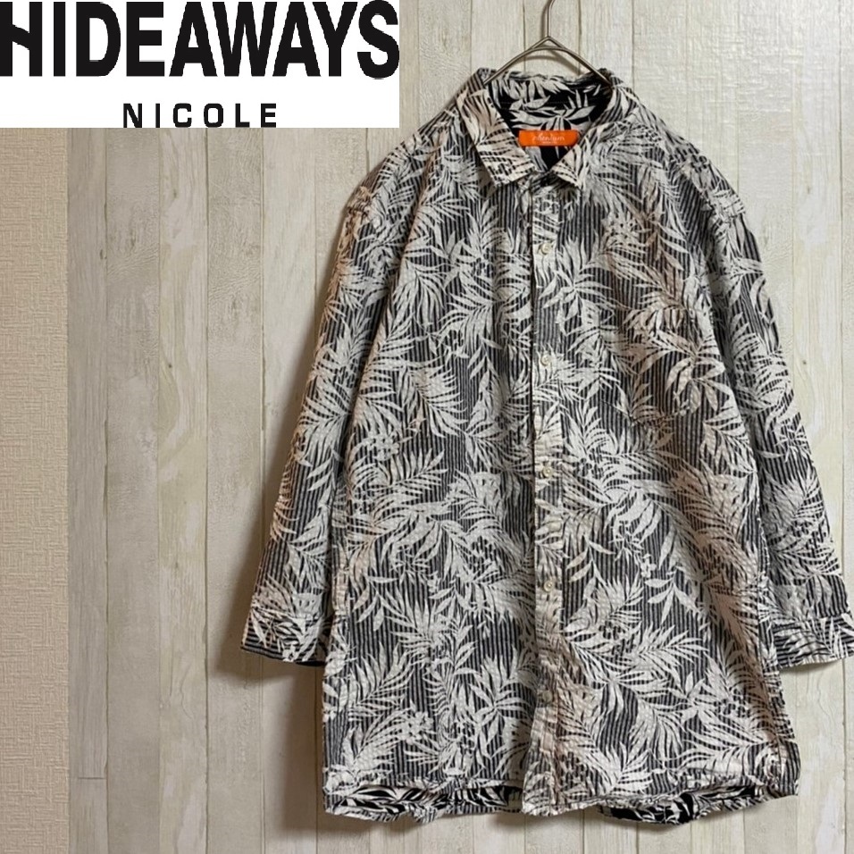 premium HIDEWAYS★ハイダウェイ ニコル★サッカープリント 半袖 シャツ 総柄 リーフ柄★サイズ48　28-19_画像1