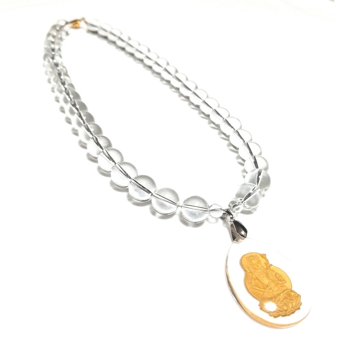 超可爱の 金彫り 文殊菩薩 水晶プレート ネックレス 数珠 6ミリ 12ミリ