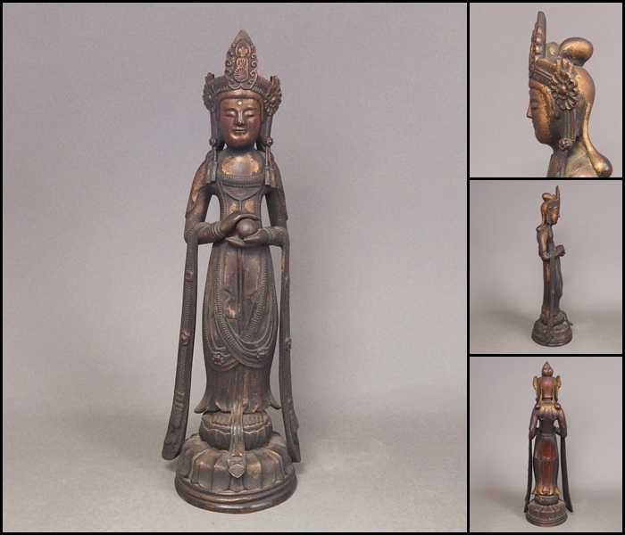 古代仏教美術 古銅鍍金観音菩薩像 高さ約38.6cm 検:新羅仏高麗仏観心