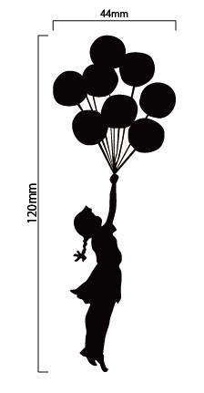 自作カッティングステッカー バンクシー / BANKSY 「Flying Baloons Girl」　/　「風船で飛ぶ少女」 12×4.4cm 壁紙サイズ応相談[C-413]_黒い部分が残ります(サイズ表記は残らない)