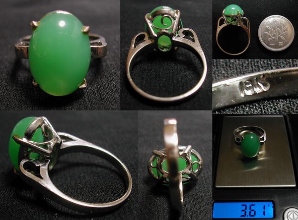 ■美品:K18WG+大粒緑の石のリング 8号位　　　 Dn969_画像2