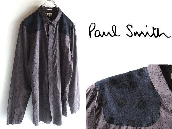 ネコポス対応 Paul Smith ポールスミス メインライン ヨーク切替 コットン ドットシャツ XL パープルグレー 日本製 大きいサイズ