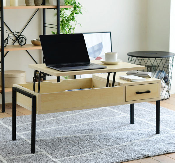 日本未入荷 限界価格セール　ソファーでパソコンができる　テレワークに最適　リフトアップ昇降テーブル 引き出し付き　ナチュラルブラック 木材
