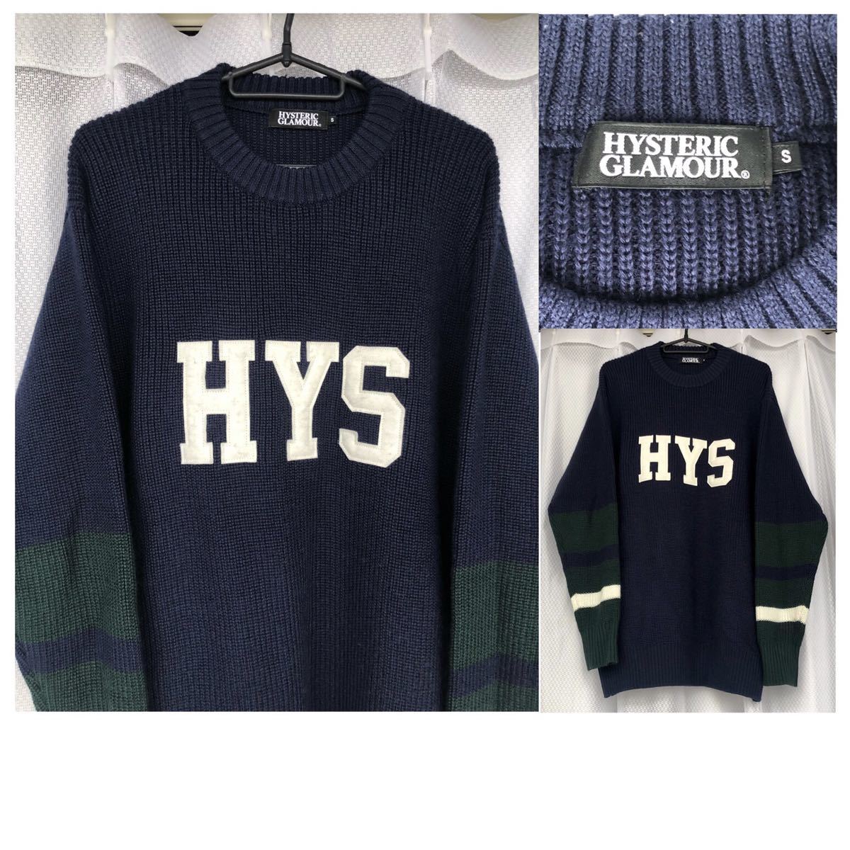 完売HYS★HYSTERIC GLAMOUR /ロゴワッペン付マルチカラー ニットセーター S★ネイビー グリーン/ヒステリックグラマー ウール プルオーバー