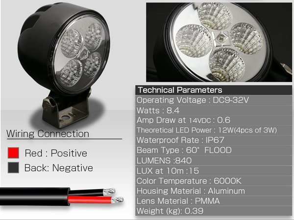 LED 汎用ライト 作業灯 12W 840ルーメン 拡散型 小型 軽量モデル 路肩灯 バックランプ 建設機器のワークライトに 12V/24V P-174_画像3