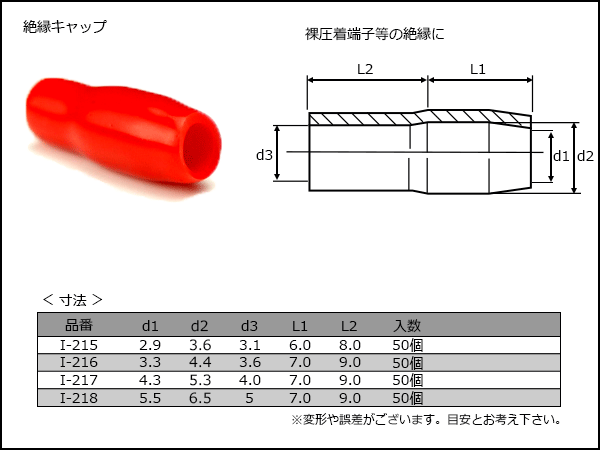 裸圧著端子の絶縁に 絶縁キャップ 赤/レッド 50個(gè)　I-215