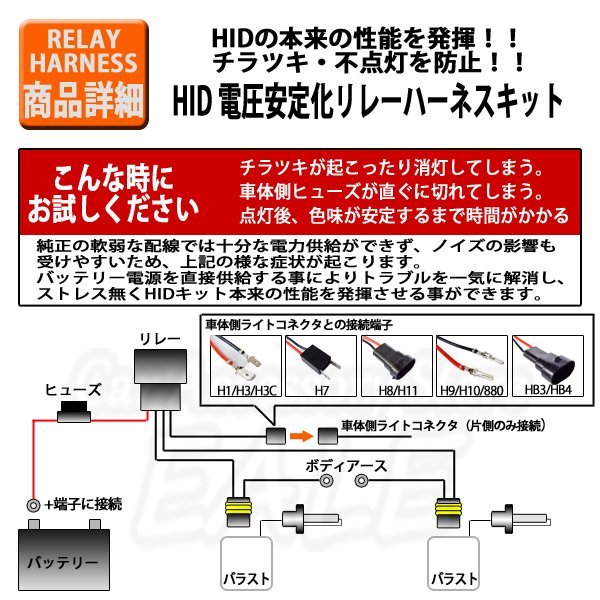12V用 35W/55W HID 電圧安定化リレーハーネス HB3/HB4兼用 I-2_画像2