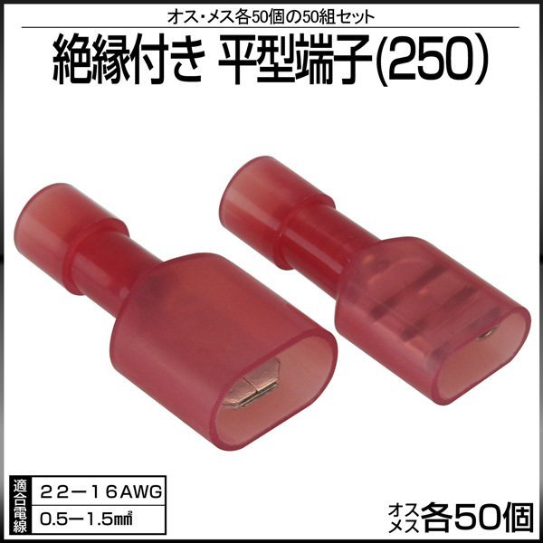 絶縁付き 平型端子 250型 オス メス 各50個セット 適合電線 22-16AWG / 0.5-1.5sq I-231_画像1