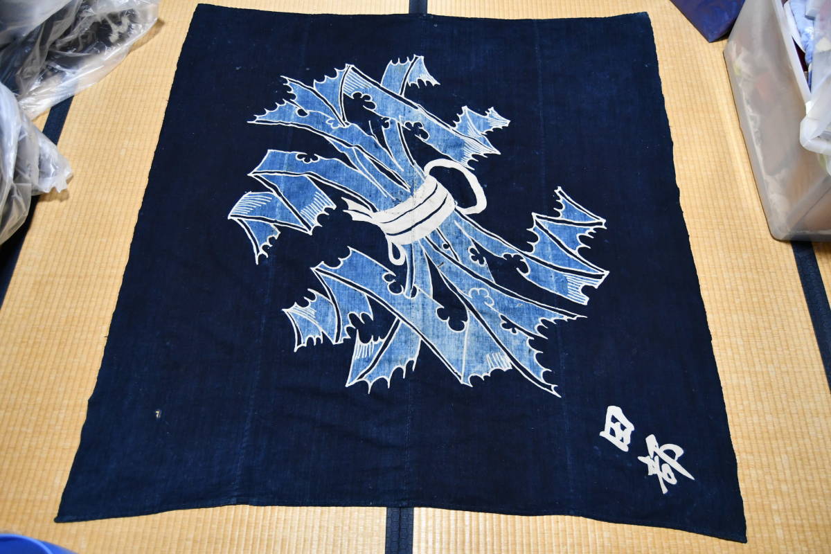 古布 筒描き4幅 風呂敷 浅葱取り束ね熨斗文 キズあり襤褸 アート 美 古布 筒描き4幅 風呂敷 浅葱取り束ね熨斗文 キズあり襤褸 アート 美