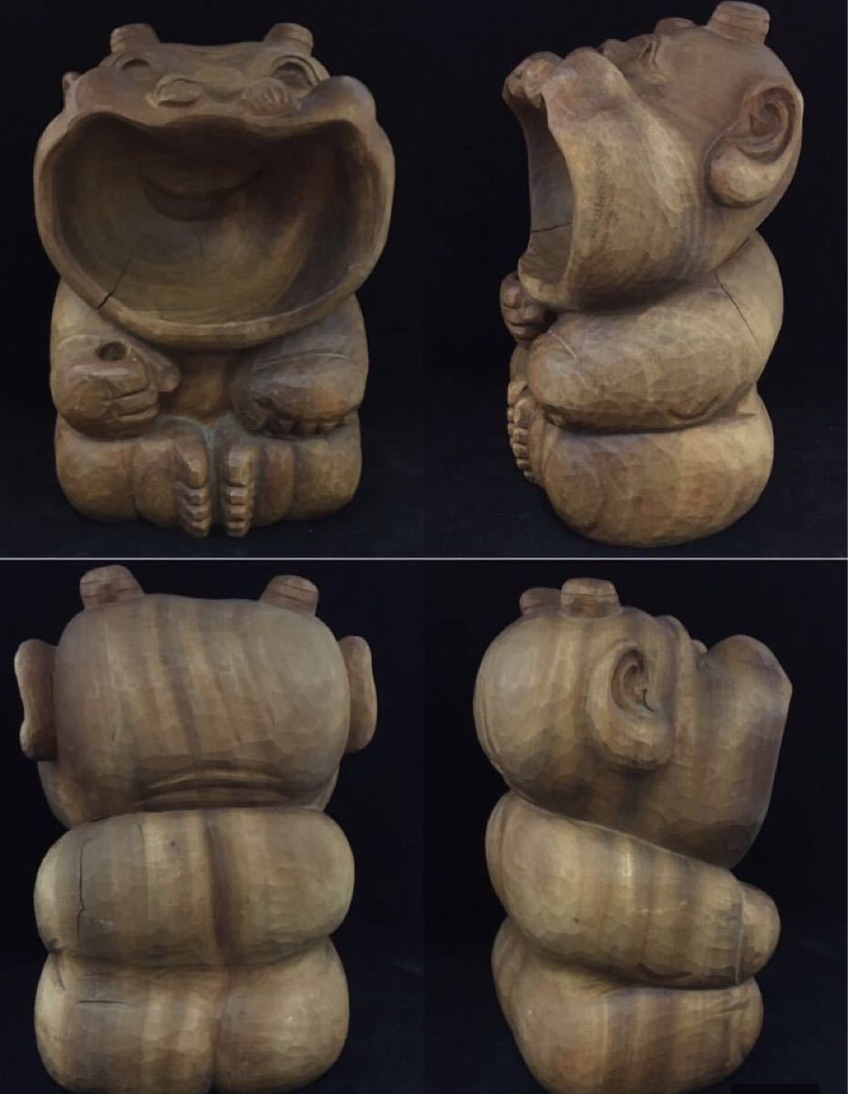 作家物 山中八洲作 木彫り 津山銘木 一刀彫 笑福魚釣り 縁起物 置物