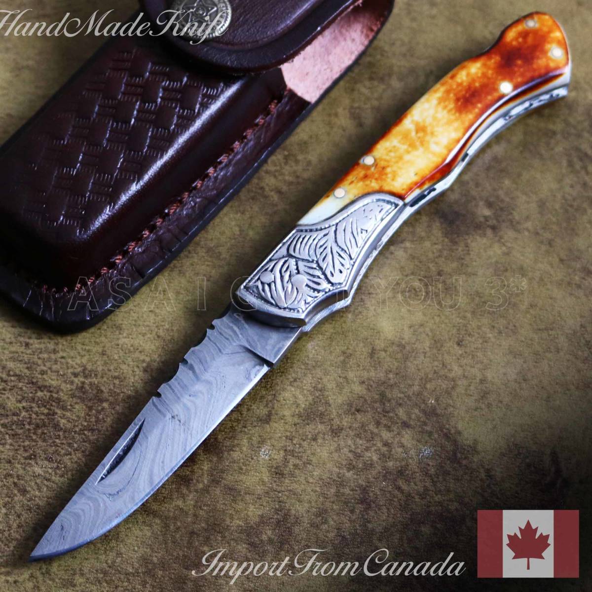 ハンドメイド カナダ製 ダマスカス鋼 折り畳み式ナイフ/バックロック式 