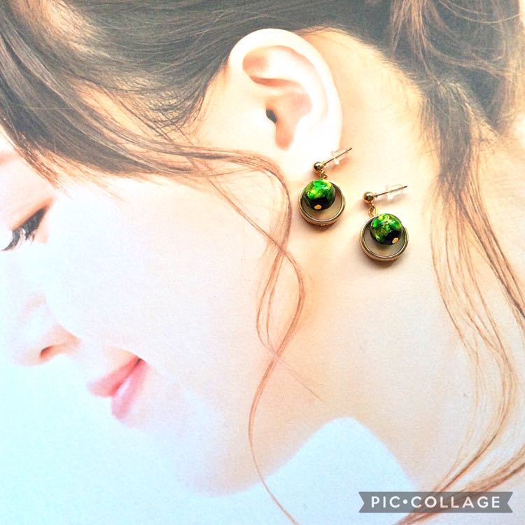 ☆ホタルガラス ピアス グリーン☆ 緑 耳飾り イヤリング ハンドメイド アクセサリー 普段使い 結婚式 パーティー オフィス_画像3