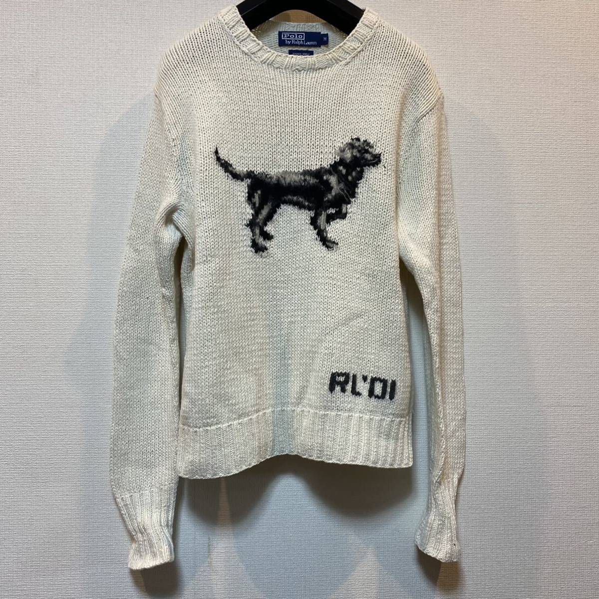 59) 90s Polo Ralph Lauren ニットセーター DOG 犬 コットン M 麻