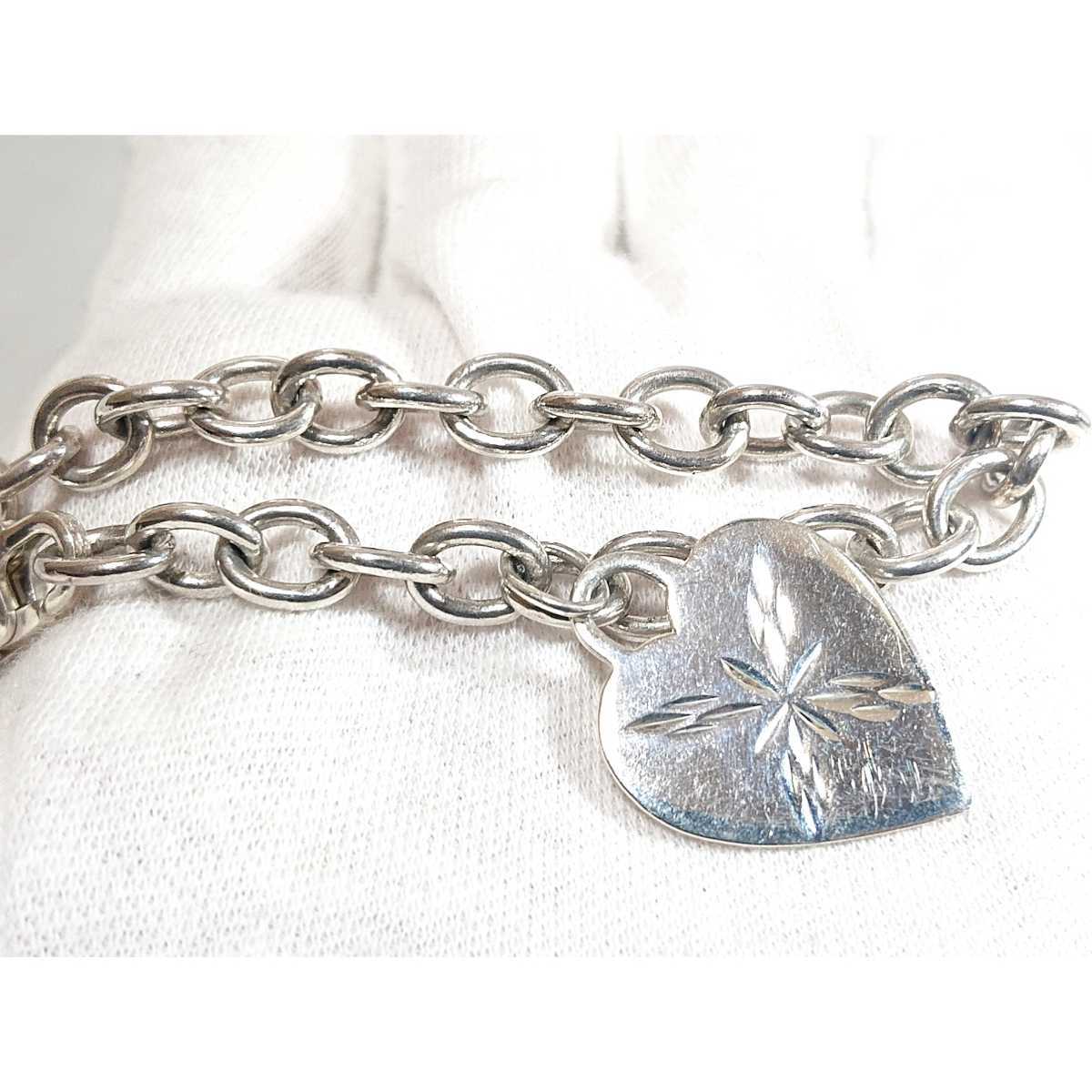 2322 SILVER925 ハートプレート あずきチェーンブレスレット 18cm/7mm