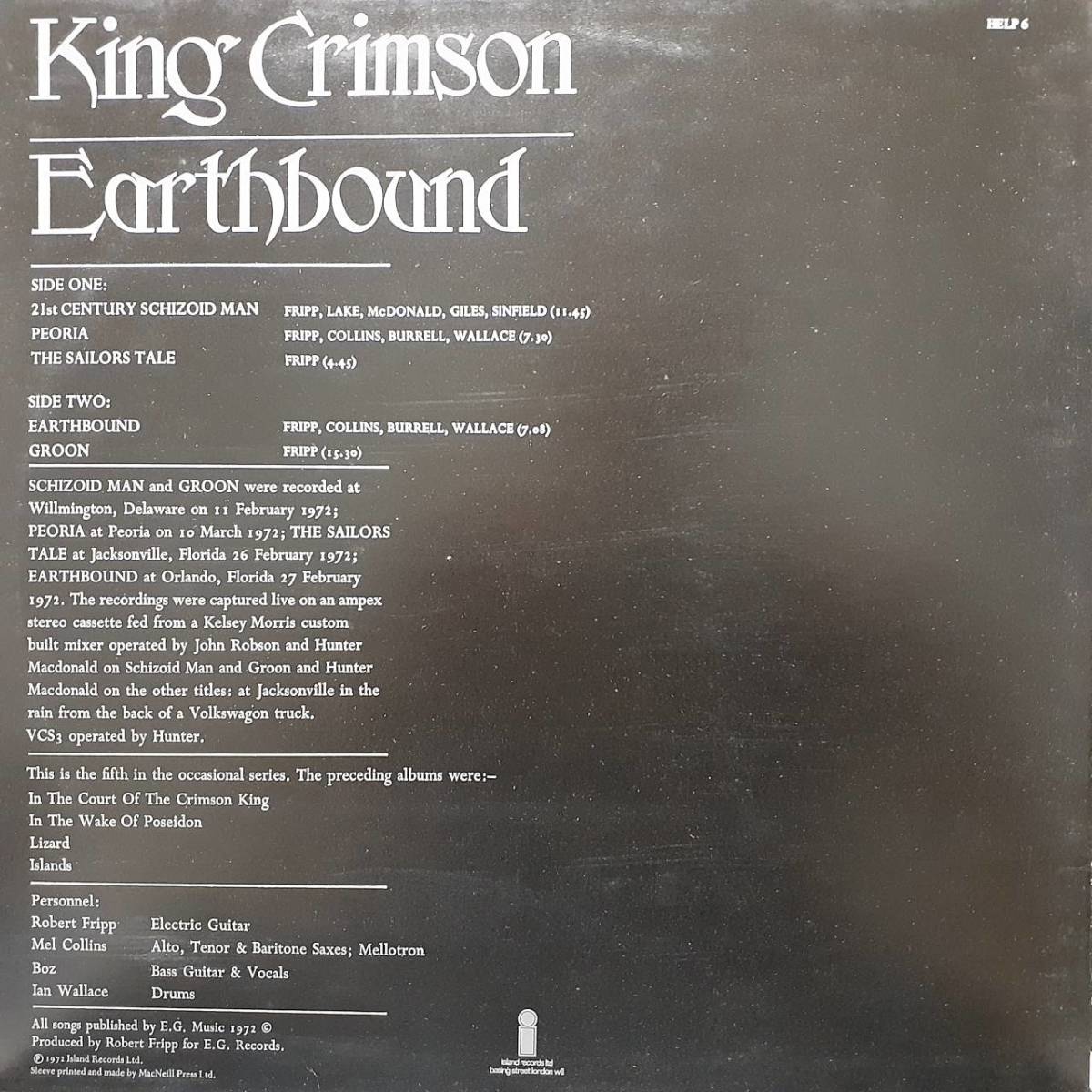 英ISLANDオリジLP！ビッグアイ(I)・ラベル！マト枝1Uと2U！King Crimson / Earthbound 1972年 HELP6 キングクリムゾン 21世紀の精神異常者_画像4