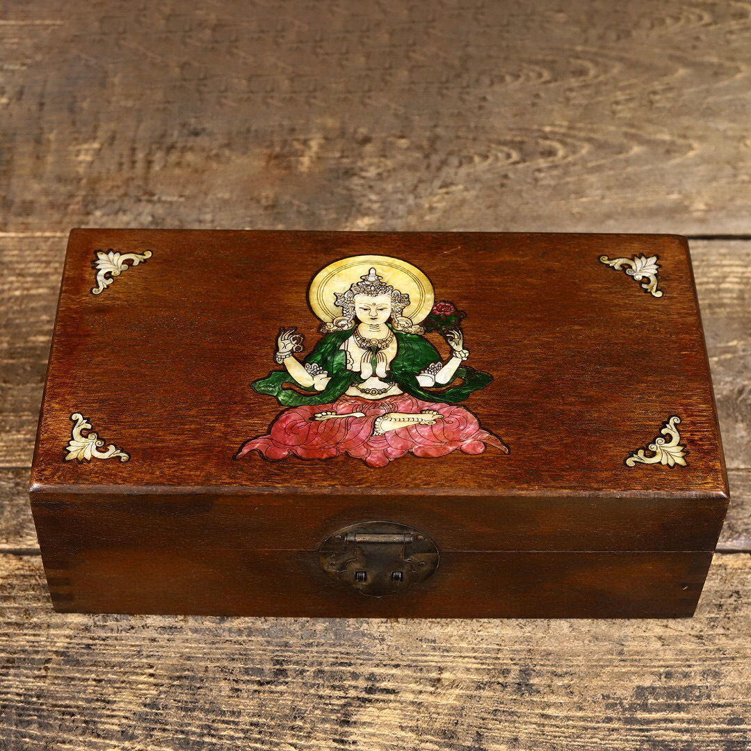 古寶奇蔵 花梨木製 貝殼嵌 觀音菩薩紋首飾盒 珍品 賞物 中国古美術 