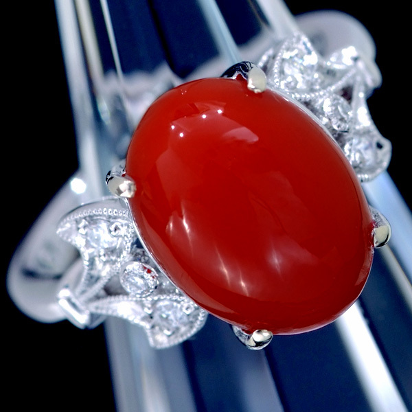 D5347 美しい血赤珊瑚6.305ct 天然上質ダイヤモンド0.10ct 最