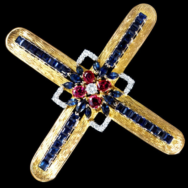 C4298【CROSS】天然上質ダイヤモンド 美しいルビー・サファイア 最高級14金無垢ビックブローチ/ペンダントトップ