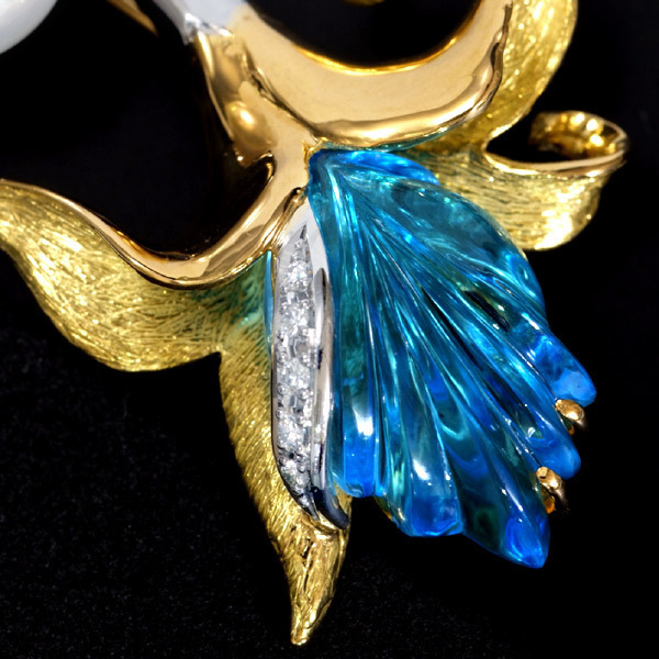 B9773[TASAKI]tasaki прекрасный крупный юг . жемчуг голубой топаз натуральный уникальная вещь бриллиант высший класс Pt900/18 чистое золото брошь / подвеска с цепью 