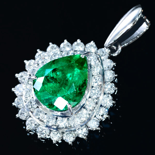 D4491 美しいエメラルド１．５８ct 天然絶品ダイヤモンド０．８４ct 最高級プラチナペンダントトップ