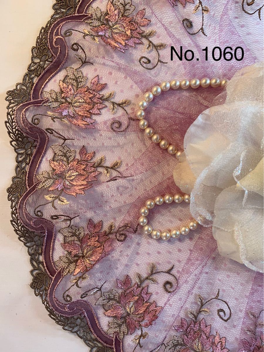 No.1060 幅広チュールレース　ピンク×ピンクモーブフラワー　刺繍