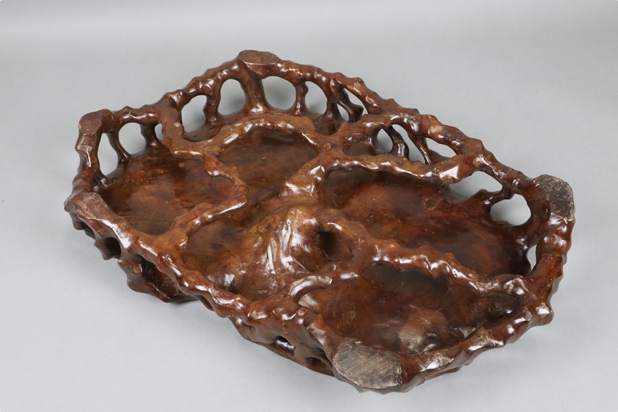 中国古玩 唐物 唐木 天板玉杢 細密彫刻 根卓 天然彫 花台 幅59,5cm