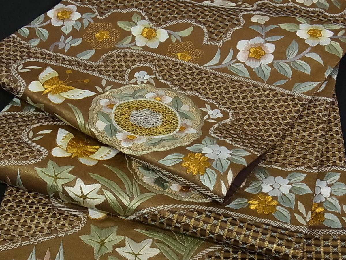 着物屋こころ 極上 六通柄袋帯 中国三大刺繍 汕頭刺繍 スワトウ刺繍 総刺繍 幻繍箔 花蝶文 金糸 正絹 逸品 jd2456