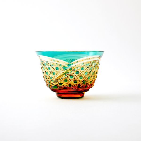 送料無料 江戸切子アンバークリスタル冷茶グラス（緑）籠目デザイン 伝統工芸品 切子グラス（323）_画像2