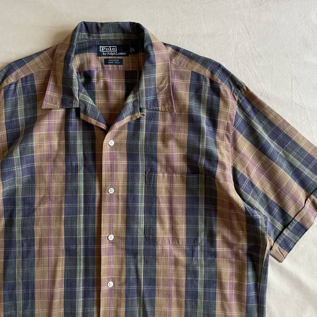 希少】90s Ralph Lauren シルク 100% オープンカラーシャツ L チェック