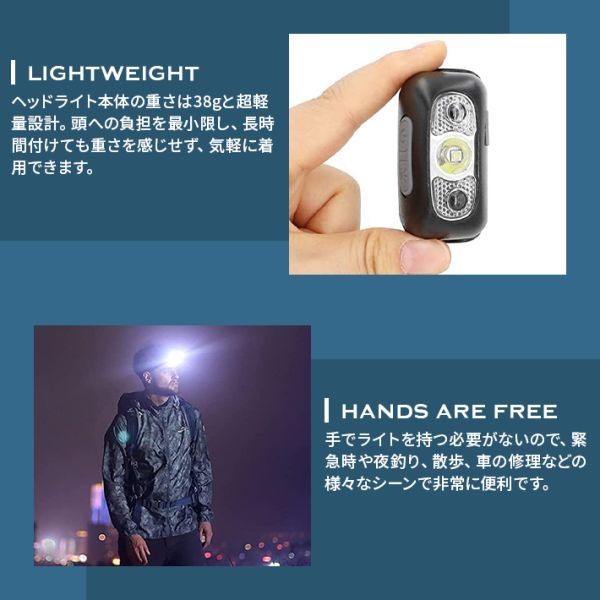 ヘッドライト USB充電式 300ルーメン 2個セット 2022進化版 LED 45度角度調整可能 センサー機能_画像3