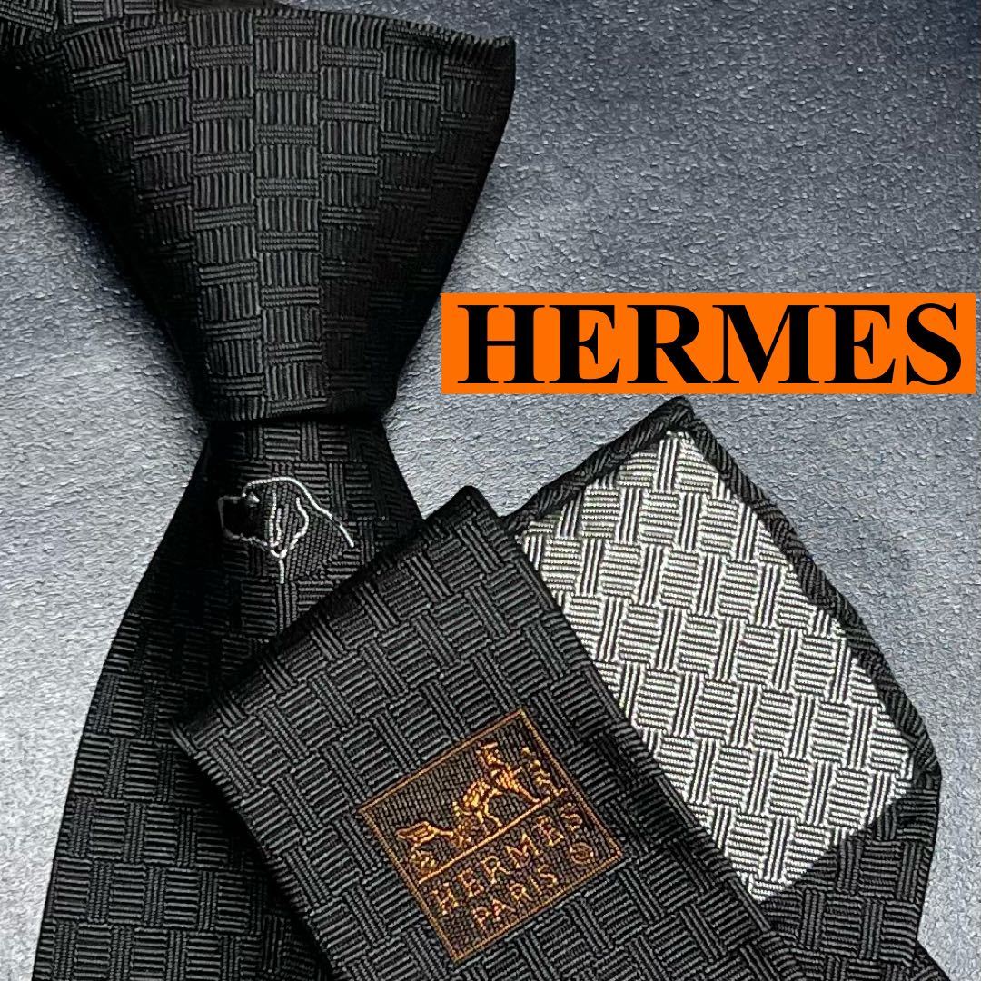 未使用 ネクタイ シルク100% HERMES エルメス ファソネH H柄 H織 刺繍 ジャガード ワンポイント 動物 ブラック 黒 茶 馬車  フランス メンズ