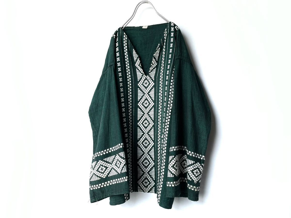 希少 70s80s vintage グアテマラ製 デザインプルオーバーシャツ 緑白黒