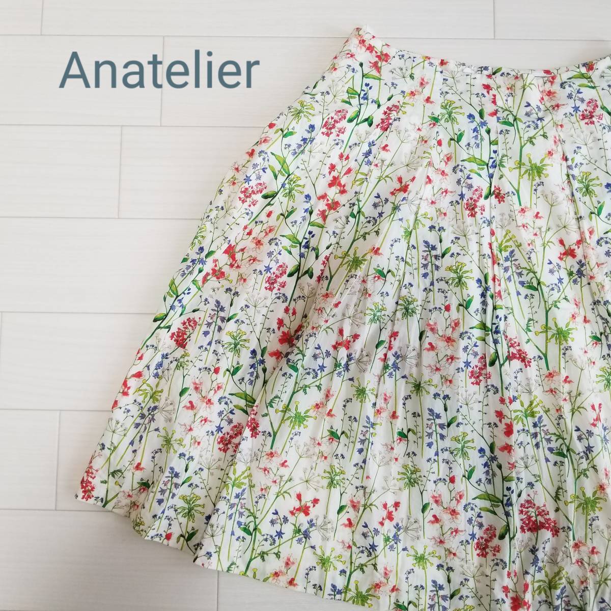 anatelier Anatelier flair skirt floral print knee / midi height lining equipped cotton 100% fastener beige group size 34femi person m68